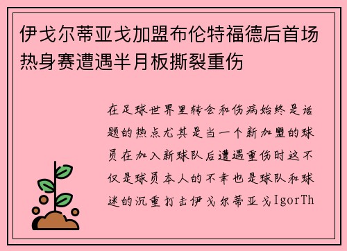 伊戈尔蒂亚戈加盟布伦特福德后首场热身赛遭遇半月板撕裂重伤